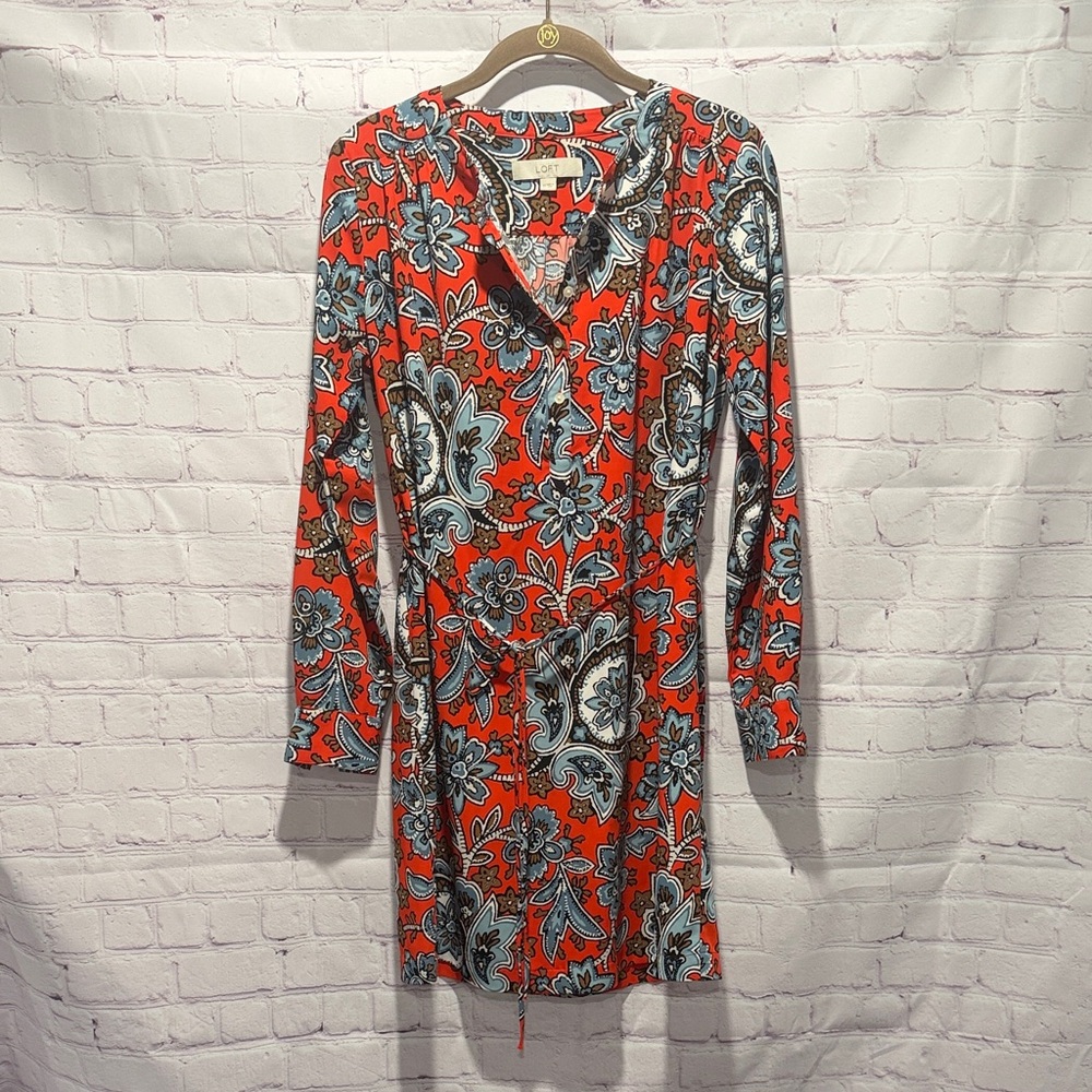 LOFT Deep Orange and Blue Floral Long Sleeve Lightweight Dress Woman’s size XS